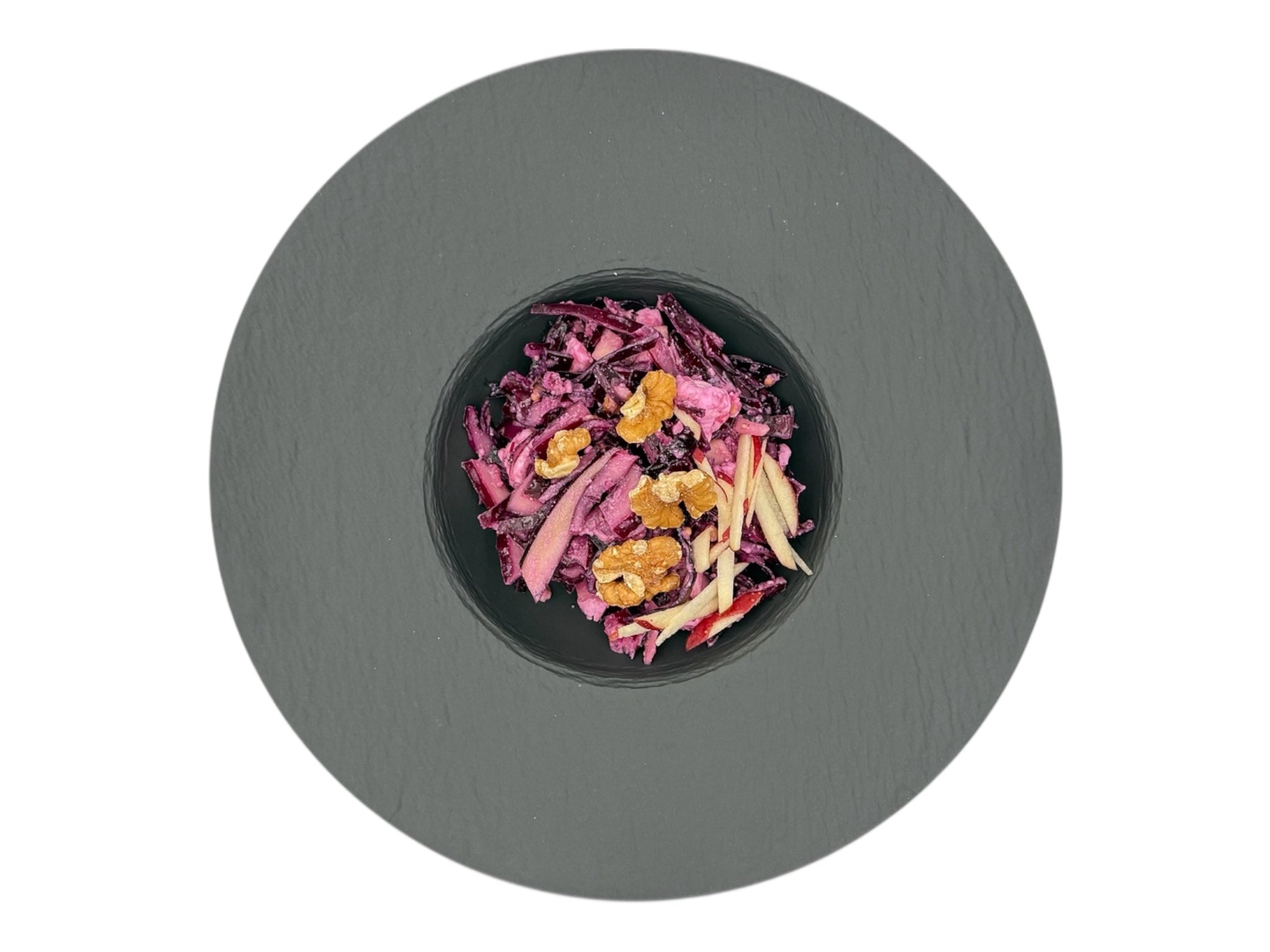 Rohkost Rot-Kohl, Apfel Wellant, Wal-Nüsse, Feta, Granat-Apfel-Essig, Extra-natives-Oliven-Öl, Orangensaft, rote Zwiebel